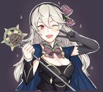  1girl alternate_costume armor blush breasts cape cleavage fire_emblem fire_emblem_if hairband kachiino kamui_(fire_emblem) looking_at_viewer my_unit_(fire_emblem_if) open_mouth pointy_ears red_eyes smile solo upper_body v wand wink 