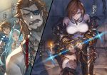  2boys 2girls ahoge apollonia_vaar armored_boots beard blue_hair boots breasts breasts_apart bridal_gauntlets brown_eyes brown_hair candle character_name collarbone covering_mouth eyepatch facial_hair gran_(granblue_fantasy) granblue_fantasy green_eyes hair_between_eyes hair_over_one_eye hand_over_own_mouth highres large_breasts long_hair looking_at_viewer minaba_hideo multiple_boys multiple_girls mustache novel_illustration official_art open_mouth restrained shirt shoulder_armor spaulders split_screen thighhighs torn_clothes torn_legwear very_long_hair white_legwear white_shirt 
