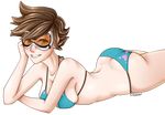  1girl ass bare_shoulders bikini biting blush bra breast_press breasts brown_eyes brown_hair butt_crack dimples_of_venus female goggles heart heart_print large_breasts looking_at_viewer lying on_stomach overwatch panties short_hair smile solo swimsuit tracer tracer_(overwatch) underwear 