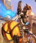  ass blood blue_skin blush bodysuit breasts brown_eyes brown_hair cameltoe dual_wielding erect_nipples from_behind goggles gun large_breasts long_hair looking_back multiple_girls nosebleed overwatch ponytail purple_hair short_hair skin_tight smile tracer tracer_(overwatch) ultamisia weapon widowmaker_(overwatch) yellow_eyes 