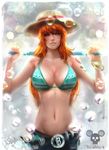  1girl belt bikini_top breasts bubbles cleavage female hat large_breasts long_hair looking_at_viewer mayro_montoya nami_(one_piece) navel one_piece orange_hair parted_lips smile solo staff stomach straw_hat tattoo tecnomayro upper_body weapon_over_shoulder 