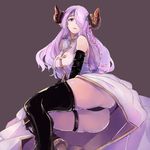  absurdres ass bare_shoulders black_gloves black_legwear black_panties braid breasts cow_girl cow_horns demon_girl elbow_gloves female gloves granblue_fantasy hair_ornament hair_over_one_eye highres horns large_breasts long_hair looking_at_viewer makanari narumeia_(granblue_fantasy) panties pointy_ears purple_eyes purple_hair shirt simple_background sitting solo succubus thighhighs thighs underwear 