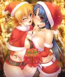  aqua_eyes bare_shoulders blonde_hair blue_hair breasts choker christmas cleavage curvy elbow_gloves female gift gloves hat hug igawa_sakura kagami_hirotaka large_breasts legwear light_smile long_hair looking_at_viewer multiple_girls one_eye_closed open_mouth panties present red_eyes red_gloves red_hat santa_costume santa_hat short_hair side-tie_panties skirt smile symmetrical_docking taimanin_asagi taimanin_asagi_battle_arena thighhighs thong underwear wink yatsu_murasaki 