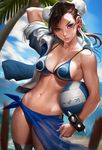  1girl adapted_costume arm_behind_head arm_up bare_shoulders beach bikini blue_bikini blue_sky bracelet breasts brown_eyes brown_hair bun_cover chun-li cleavage collarbone double_bun double_buns earrings jacket jewelry looking_at_viewer midriff navel ocean palm_tree sakimichan sarong see-through short_hair sideboob sky solo spiked_bracelet spikes standing stomach street_fighter sunlight swimsuit thighhighs tree volleyball water water_drop wet 