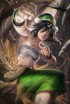  1girl avatar:_the_last_airbender black_hair clenched_teeth clothes_around_waist dirty fighting_stance looking_at_viewer navel sakimichan sarashi solo stomach sweat teeth toph_bei_fong 