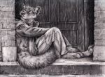 anthro claws clothed clothing digitigrade door greyscale inner_ear_fluff jacket kenket looking_up male mammal marten monochrome mustelid musteline outside raining sitting solo tay_(kenket) toe_claws whiskers 