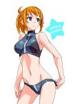  1girl bangs bare_shoulders bikini bikini_tug black_bikini blonde_hair blue_eyes breasts character_name cowboy_shot groin gundam gundam_build_fighters gundam_build_fighters_try hair_ornament hair_scrunchie highres hoshino_fumina looking_away medium_breasts medium_hair navel parted_lips pink_scrunchie ponytail scrunchie shiny shiny_hair shiny_skin simple_background solo star suzutsuki_kurara swimsuit white_background 