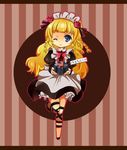 1girl apron blonde_hair blue_eyes braid brown_background dress flower frills hairband long_hair maid maid_headdress one_eye_closed present ribbon rose shirley_fennes shoes smile tales_of_(series) tales_of_legendia wink 