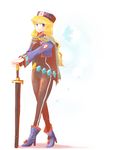  blonde_hair blue_eyes bodysuit breasts cape chloe_valens chloe_valens_(cosplay) cosplay hat jacket long_hair open_mouth shirley_fennes shoes sword tales_of_(series) tales_of_legendia weapon 