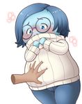  1girl artist_request blue_eyes blue_hair blue_skin blush glasses inside_out sadness_(inside_out) sweater tears 