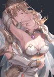  1boy 1girl amethyst_(gemstone) armor armpits bangs bare_shoulders black_background blonde_hair blush breasts brown_hair collarbone detached_collar detached_sleeves djeeta_(granblue_fantasy) dress earrings eyes_closed faulds french_kiss gem gran_(granblue_fantasy) granblue_fantasy hair_ornament hand_on_another&#039;s_chin hand_on_another&#039;s_head hand_on_another&#039;s_stomach head_back hetero highres jewelry kiss leaf_hair_ornament long_sleeves medium_breasts milli_little profile ring short_hair shoulder_armor simple_background sparkle strapless strapless_dress stud_earrings upper_body vambraces white_dress 