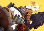  1girl annie_leonhardt ass blonde_hair blue_eyes boots horse horseback_riding huge_ass jacket knee_boots kotomuke_fuurin looking_at_viewer looking_back pantylines reins riding saddle shingeki_no_kyojin short_hair skin_tight solo three-dimensional_maneuver_gear uniform wide_hips 