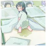  artist_request barefoot bedwetting black_hair blanket blush feet looking_back multiple_girls pajamas peeing pillow stain wet_clothes 