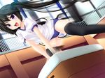  1girl arm_support black_hair black_legwear black_thighhighs blush buruma female game_cg gym_uniform long_hair luna_lia mecha_con! open_mouth purple_eyes shirt short_sleeves solo t-shirt thighhighs twintails yatake_tsubaki 