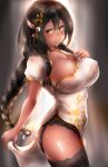  1girl azur_lane black_hair black_legwear blush braid breasts brown_eyes china_dress chinese_clothes cleavage closed_mouth collarbone daisufuumi dark_skin dress embarrassed erect_nipples from_side garter_straps hair_between_eyes hair_ornament hand_on_own_breast highres large_breasts long_braid looking_at_viewer looking_to_the_side native_american nipple_slip nipples pelvic_curtain side_slit solo south_dakota_(azur_lane) standing sweat thighhighs thighs white_dress 