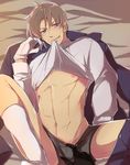  2boys blush brown_hair bulge gloves heshikiri_hasebe male_focus multiple_boys naughty_face pubic_hair pubic_hair_peek purple_eyes shokudaikiri_mitsutada socks sweat touken_ranbu underwear undressing yaoi 