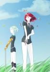  2others androgynous aqua_eyes aqua_hair blue_sky bug butterfly closed_mouth crystal_hair gem_uniform_(houseki_no_kuni) golden_arms grass green_eyes green_hair hair_between_eyes highres houseki_no_kuni insect long_bangs looking_away mercury multiple_others necktie outdoors phosphophyllite red_eyes red_hair shinsha_(houseki_no_kuni) short_hair sky smile sword weapon white_skin 