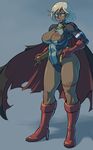  alternate_costume belt black_hair blonde_hair boots breasts cape cleavage cleavage_cutout cutout dark_skin dc_comics female full_body gloves high_heel_boots high_heels large_breasts leotard looking_at_viewer mikoyan power_girl red_shoes shoes smile solo standing 
