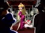  1girl 90s animated animated_gif blonde_hair camera crown elbow_gloves evening_gown fur_trim gloves hat high_heels jewelry kiss legs lots_of_jewelry necklace nintendo official_art photographer princess_peach red_dress side_slit super_mario_bros. toad_(mario) wink 