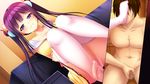  1girl blush bra breasts brown_hair censored cleavage clothed_female_nude_male couch feet femdom foot_on_head foot_worship game_cg large_breasts long_hair looking_down m_no_jikan_(company) masturbation no_shoes oni_mayuge panties penis puchikko_my_lord purple_eyes purple_hair sitting skirt smile tachibana_momo thighhighs underwear upskirt 