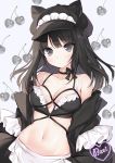  1girl animal_ears animal_hat apron bangs bare_shoulders black_bow black_bra black_choker black_eyes black_hair black_hat black_jacket black_skirt blush bow bra breasts byulzzimon cabbie_hat cat_ears cherry choker cleavage closed_mouth collarbone commentary english_commentary eyebrows_visible_through_hair fake_animal_ears food food_background frilled_apron frilled_bra frills fruit grey_background hat head_tilt heart highres jacket long_hair looking_at_viewer maid maid_apron maid_headdress medium_breasts miniskirt navel off_shoulder open_clothes open_jacket original ribbon_choker skirt solo stomach underwear upper_body waist_apron white_apron 