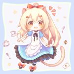  1girl :d ace_of_hearts animal_ears apron ayanami_(azur_lane) azur_lane bangs black_footwear black_ribbon blonde_hair blue_dress blush bow brown_eyes cat_ears cat_girl cat_tail checkerboard_cookie chibi collared_dress cookie cup dress eyebrows_visible_through_hair food fork frilled_apron frilled_dress frills hair_between_eyes hair_bow hair_ornament hairclip heart high_ponytail kemonomimi_mode long_hair looking_at_viewer neck_ribbon notice_lines open_mouth pantyhose ponytail puffy_short_sleeves puffy_sleeves red_bow revision ribbon sakurato_ototo_shizuku shoes short_sleeves sidelocks smile solo spoon striped striped_legwear tail teacup teapot very_long_hair white_apron 