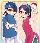  1girl arm_warmers arms_behind_back artist_request black_hair cosplay crossed_arms forehead_protector frown glasses haruno_sakura_(cosplay) looking_at_viewer naruto naruto_gaiden sleeveless smile uchiha_sarada uchiha_sasuke_(cosplay) 