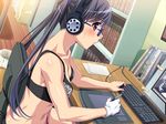  1girl black_hair breasts eroge!_h_mo_game_mo_kaihatsu_zanmai game_cg glasses indoors kosaka_iori red_eyes solo toned twintails 