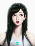  black_hair earrings face final_fantasy final_fantasy_vii jewelry lipstick looking_aside makeup open_mouth paul_kwon sleeveless solo suspenders tank_top teeth tifa_lockhart upper_body 