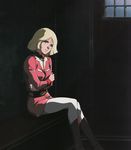  blonde_hair boots cell crossed_arms female gundam indoors military_uniform mobile_suit_gundam official_art sayla_mass sitting solo tears uniform 