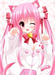  bells blush fang female happy hood hoodie long_hair pink_eyes pink_hair ribbon shocchan_(sanymph) tail twintails wink yuunagi_amane 