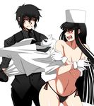  1boy 1girl alucard_(hellsing) black_hair breasts female genderswap girlycard hat hellsing hellsing:_the_dawn hikora hiroka red_eyes thong vampire walter walter_c_dornez younger 