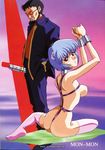  1boy 1girl artist_name ass ayanami_rei bdsm blue_hair blush bondage bound breasts clothed_male_nude_female entry_plug evil_grin evil_smile grin hairpods ikari_gendou looking_at_viewer looking_back mon-mon neon_genesis_evangelion nipples nude opaque_glasses red_eyes smile thighhighs web_address 