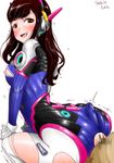  1boy 1girl ass brown_hair buttjob cum cum_on_ass cum_under_clothes d.va d.va_(overwatch) femdom huge_ass looking_back overwatch penis smile 