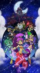  2boys 6+girls bandanna beard bolo_(shantae) breasts bridal_gauntlets cleavage dark_skin everyone facial_hair green_hair green_skin hairband headband hood magic midair midriff mimic_(shantae) moon multiple_boys multiple_girls navel night_sky pointy_ears risky_boots rottytops shantae shantae:_half-genie_hero shantae_(character) sky_(shantae) sparkle star_(sky) starry_sky stitches super_caterina sword tinkerbat wrench_(shantae) zombie 