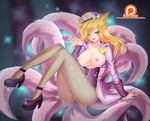  1girl ahri animal_ears blonde_hair blush breasts breasts_outside charm fox_ears hair_ornament hat heart high_heels koohakuu league_of_legends legs long_hair looking_at_viewer nail_polish nipples no_panties one_eye_closed open_clothes pantyhose popstar_ahri pussy smile tattoo uncensored wink yellow_eyes 