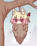  1girl animal_ear_fluff animal_ears bangs blonde_hair blue_sky blush day eyebrows_visible_through_hair fox_ears hair_between_eyes hair_bun hair_ornament hanging kemomimi-chan_(naga_u) long_hair looking_at_viewer naga_u objectification original outdoors pine_tree pinecone red_eyes sidelocks sky solo tree 