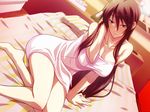  1girl adjusting_hair bare_shoulders barefoot bed blush breasts brown_hair cleavage female game_cg highres hoka_no_otoko_no_seieki_de_harande_mo_ii_desu_ka...? large_breasts legs long_hair looking_at_viewer mole pillow purple_eyes sitting solo sweat takapiko thighs towel 