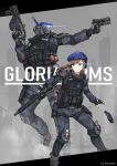  1girl absurdres aqua_eyes assault_rifle beret brown_hair chinese_commentary commentary_request dual_wielding elbow_pads fingerless_gloves foregrip gloves gun handgun hat headphones highres holding holding_gun holding_weapon knee_pads load_bearing_vest magazine_(weapon) original pistol ponytail rifle robot science_fiction sherman_(egnk2525) submachine_gun trigger_discipline weapon 