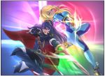  2girls armor blonde_hair blue_bodysuit blue_eyes blue_hair bodysuit breasts cape deekei falchion_(fire_emblem) fingerless_gloves fire_emblem fire_emblem:_kakusei gloves gun high_ponytail highres impossible_bodysuit impossible_clothes long_hair looking_at_viewer lucina metroid mole mole_under_mouth multiple_girls nintendo open_mouth ponytail samus_aran shiny shiny_clothes skin_tight smile super_smash_bros. super_smash_bros._ultimate sword tiara weapon zero_suit 