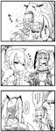  2girls 4koma alpaca armor boots carrying comic commentary_request dress greyscale helmet highres meowstress monochrome monster monster_hunter monster_hunter_x moofah mouth_hold multiple_girls pointy_ears ponytail spoken_ellipsis translation_request twintails yoshida_hideyuki 