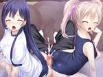  1boy 2girls ass blonde_hair blue_hair buttjob censored cum double_buttjob gym_uniform happy mosaic_censoring multiple_girls penis rubbing school_swimsuit teamwork twintails yellow_eyes 