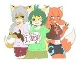  blue_eyes fox furry green_eyes green_hair grey_hair grin kyuuri long_hair multiple_girls one_eye_closed red_hair short_hair smile v v_sign wink 