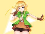  1girl artist_name belt blonde_hair blue_eyes braid brown_skirt cameltoe choker compass gloves hair_tubes kuroonehalf linkle nintendo pointy_ears puffy_short_sleeves puffy_sleeves short_sleeves shorts_under_skirt skirt smile solo standing the_legend_of_zelda twin_braids v zelda_musou 