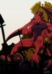  abs anthro battlefield biceps black_scales chair claws dragon featureless_crotch gryl hair horn male melee_weapon muscular muscular_male nude orange_eyes pecs polearm red_hair red_scales scales scalie shield simple_background sitting solo spear sword thinker_pose thinking throne tsbellatre weapon western_dragon 