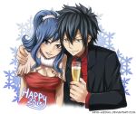  1boy 1girl 2015 arya-aiedail black_hair black_jacket black_neckwear blue_eyes blue_hair breasts brown_eyes collared_shirt couple cup dress fairy_tail gray_fullbuster hair_between_eyes hair_ornament hand_on_another&#039;s_shoulder happy_new_year holding holding_cup jacket juvia_lockser large_breasts long_hair looking_at_viewer necktie new_year open_clothes open_jacket parted_lips ponytail red_dress red_shirt shirt sleeveless sleeveless_dress smile snowflakes spiked_hair v-shaped_eyebrows watermark web_address white_background wing_collar 