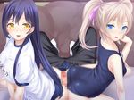  1boy 2girls ass blonde_hair blue_hair buttjob censored double_buttjob gym_uniform happy mosaic_censoring multiple_girls penis rubbing school_swimsuit teamwork twintails yellow_eyes 