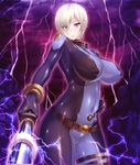  blonde_hair blue_eyes bodysuit breasts character_request electricity female large_breasts laura_flockhart lilith-soft looking_at_viewer nipples nobushito_kuro short_hair taimanin_asagi taimanin_asagi_battle_arena weapon 