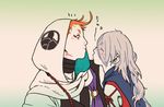  2boys gloves grey_hair hood ima-no-tsurugi iwatooshi japanese_clothes long_hair makeup male_focus maro_bideru multiple_boys orange_eyes orange_hair short_hair touken_ranbu yaoi 