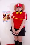  1girl asian bow bowtie brand_name_imitation breasts brown_eyes brown_hair chouzuki_maryou cosplay employee_uniform fast_food fast_food_uniform female food hamburger hataraku_maou-sama! large_breasts photo plump polo_shirt ribbon sasaki_chiho sasaki_chiho_(cosplay) short_hair short_twintails skirt solo twintails uniform visor_cap 